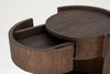 Close-up of the pivoting swivel drawer open beside the round oak top
