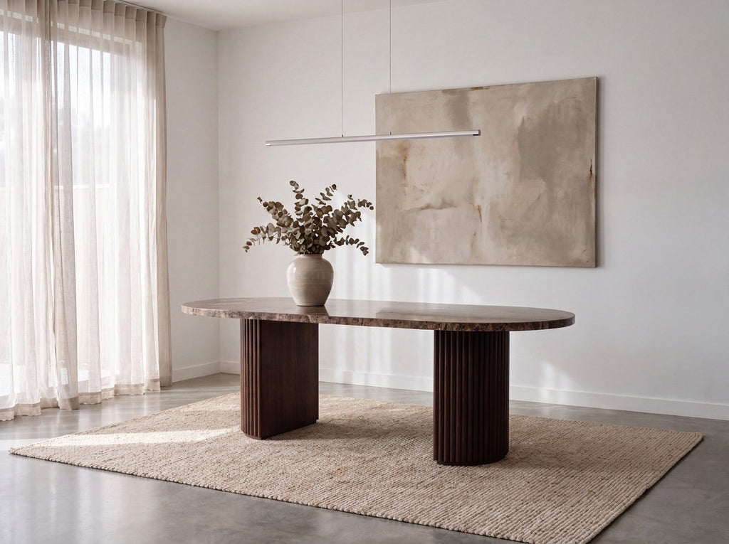 Livia Emperador marble dining table with fluted walnut pedestals in a modern Dubai villa dining room