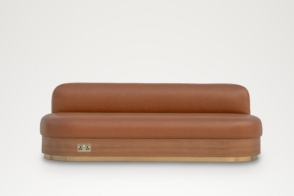 Marylebone Banquette in tan leather with brass plinth, front view – banquette seating Dubai