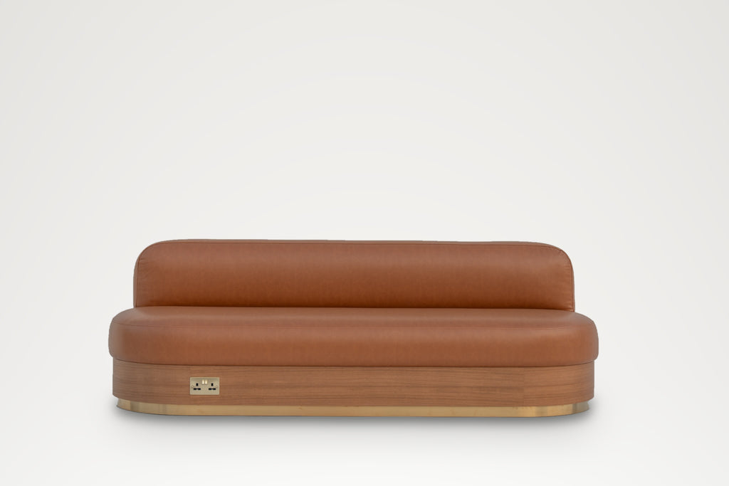 Marylebone Banquette front view, 260 cm tan leather bench seat with brass base