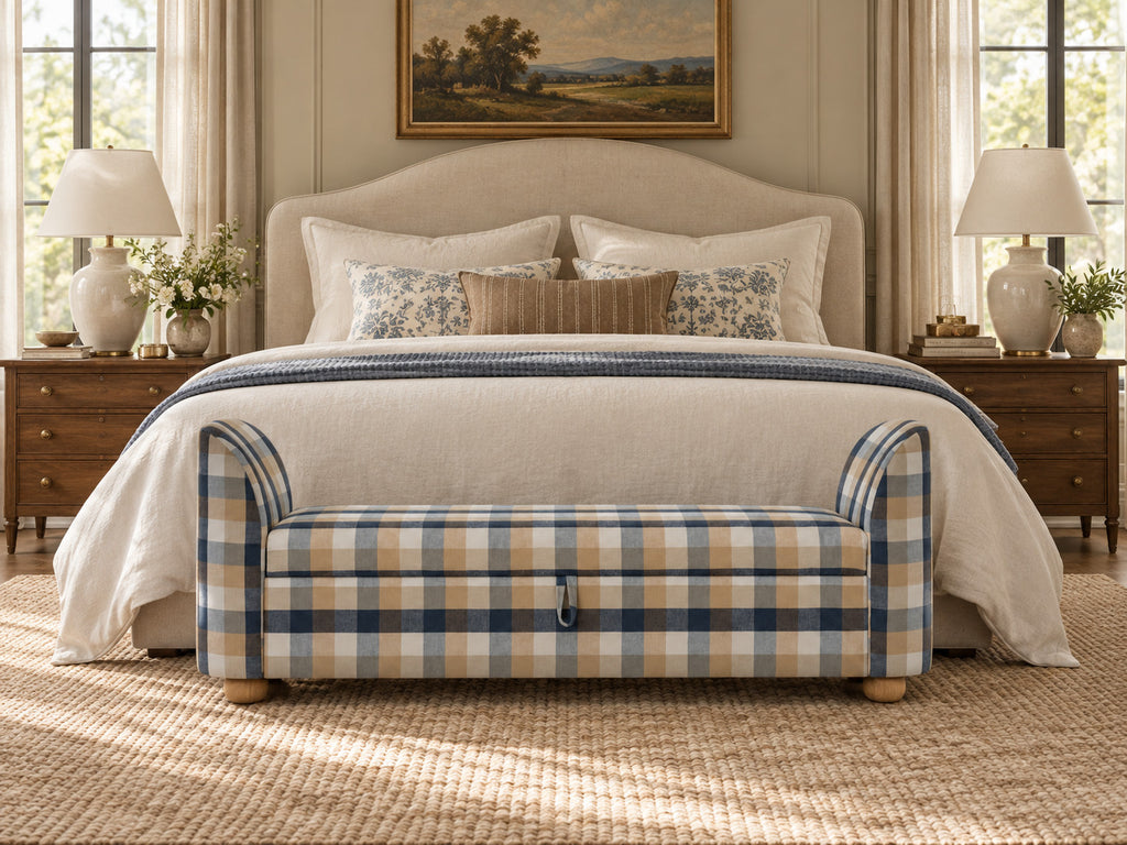 Nantucket check storage bench at the end of a king bed in a coastal bedroom, Adams Furniture Dubai