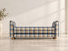 Blue and sand check storage bench with rounded arms and bun feet in a bright room, made in Dubai