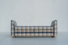 Nantucket check storage bench front view, navy and sand linen check with rounded high arms, made in Dubai