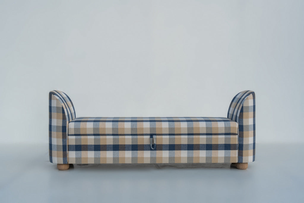 Nantucket check storage bench front view, navy and sand linen check with rounded high arms, made in Dubai