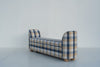 End of bed storage bench in blue and sand linen check, three-quarter view, Adams Furniture Dubai