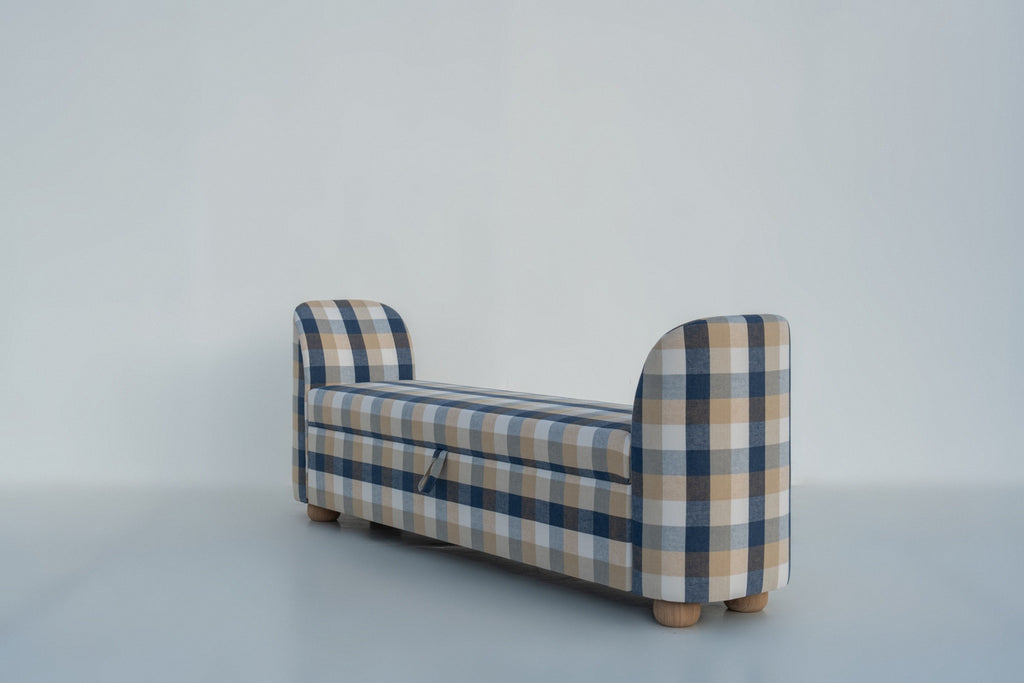 End of bed storage bench in blue and sand linen check, three-quarter view, Adams Furniture Dubai