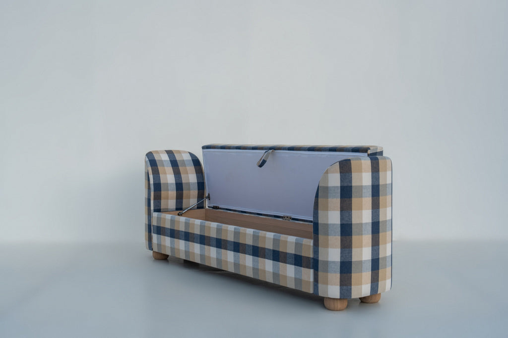 Nantucket storage bench with lid open showing gas-assisted hinge and storage compartment