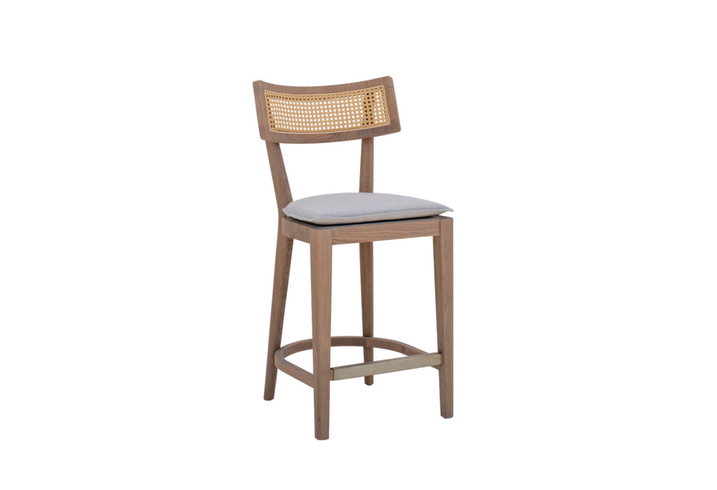 Ojai oak and cane bar chair in Dubai by Adams Furniture, solid oak frame with natural cane backrest and linen seat pad