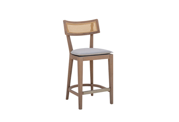 Ojai oak and cane bar chair in Dubai by Adams Furniture, solid oak frame with natural cane backrest and linen seat pad