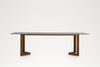 Pietra dining table with grey stone top and teak legs, front view – outdoor dining table Dubai