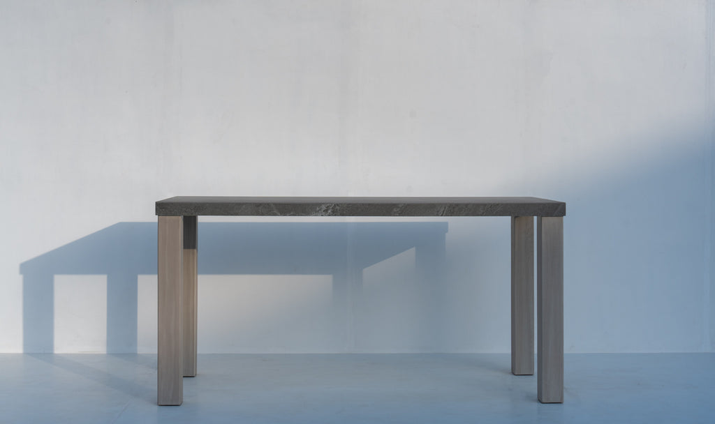 Pietra poolside bar table, 220 x 90 cm stone top on solid teak legs, front view