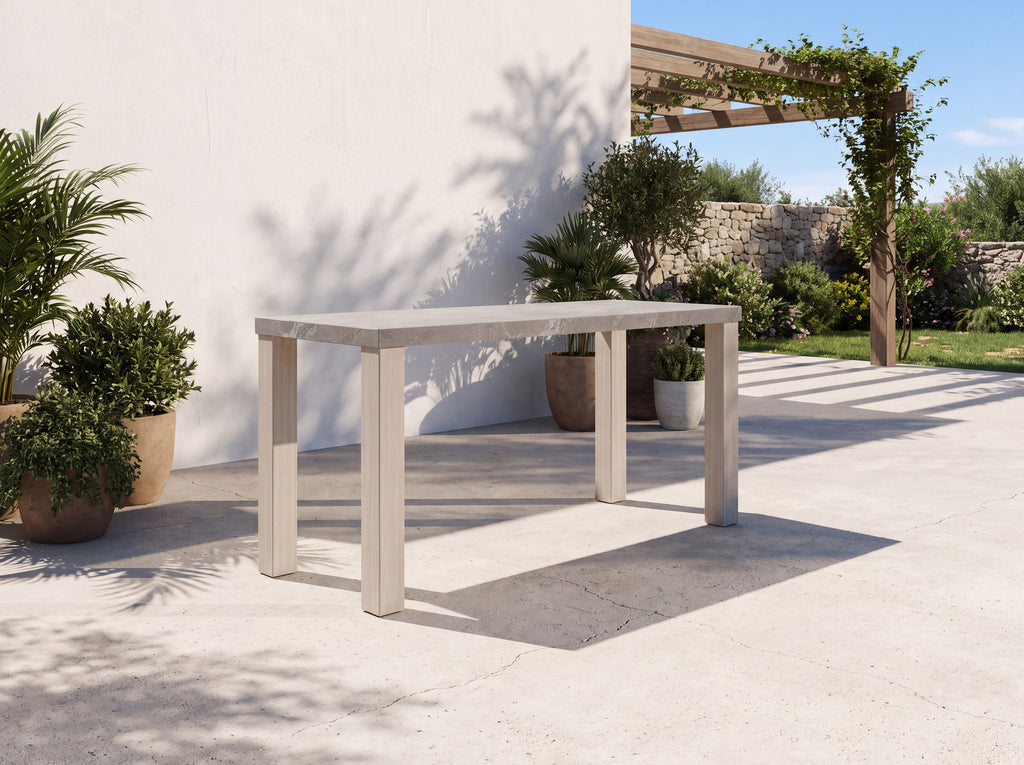 Pietra stone top outdoor bar table on a sunny villa patio in Dubai