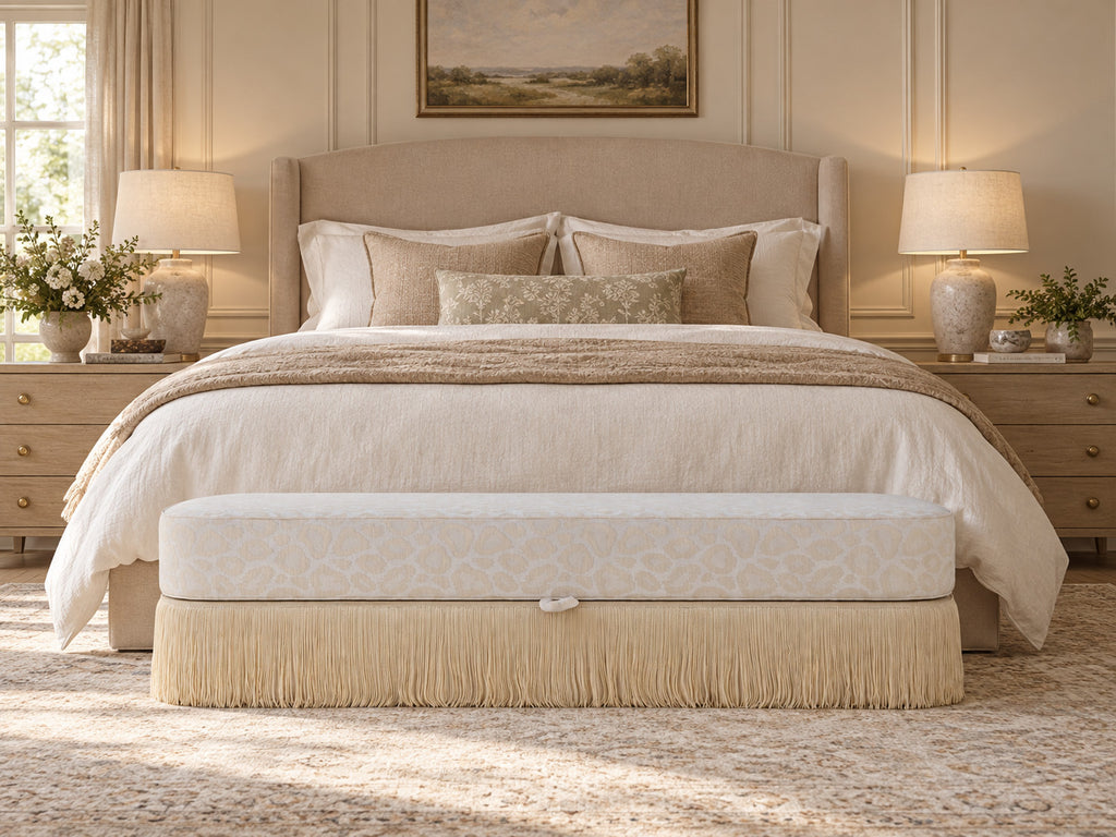 Fringe bench at the foot of a neutral bedroom bed, Savannah storage bench by Adams Furniture Dubai