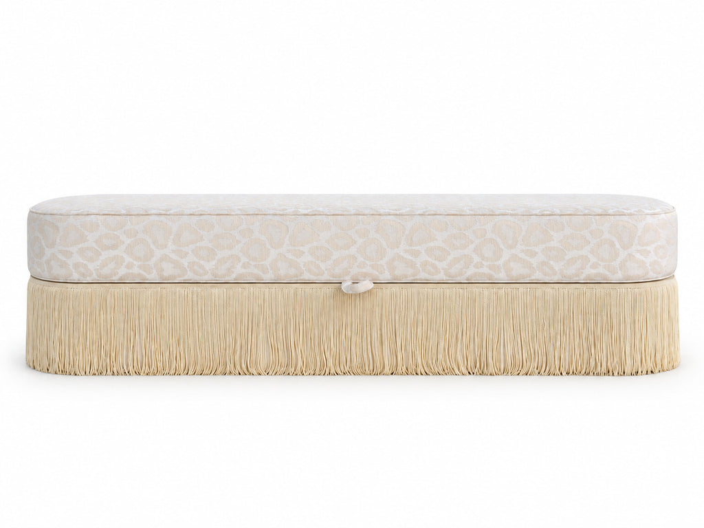 Savannah upholstered bench with storage on a white background, ivory jacquard and cream fringe