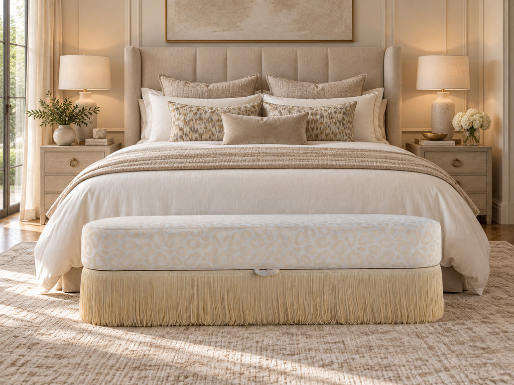 Savannah upholstered storage bench at the end of a king bed, ivory jacquard with cream fringe, Adams Furniture Dubai