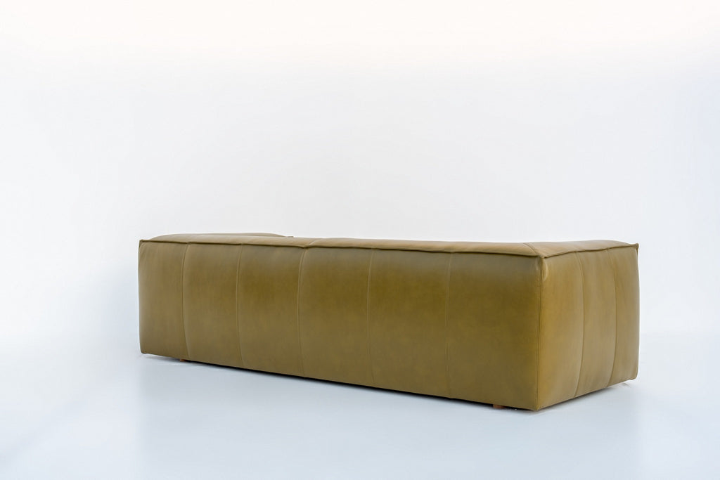 Verde Italian leather sofa rear view, fully finished back to float in the middle of a room