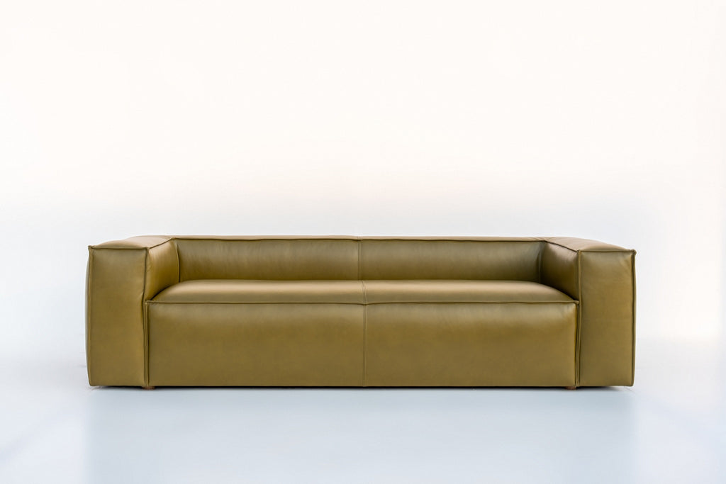 Verde Leather Sofa in green Italian leather, front view, handmade in Dubai by Adams Furniture