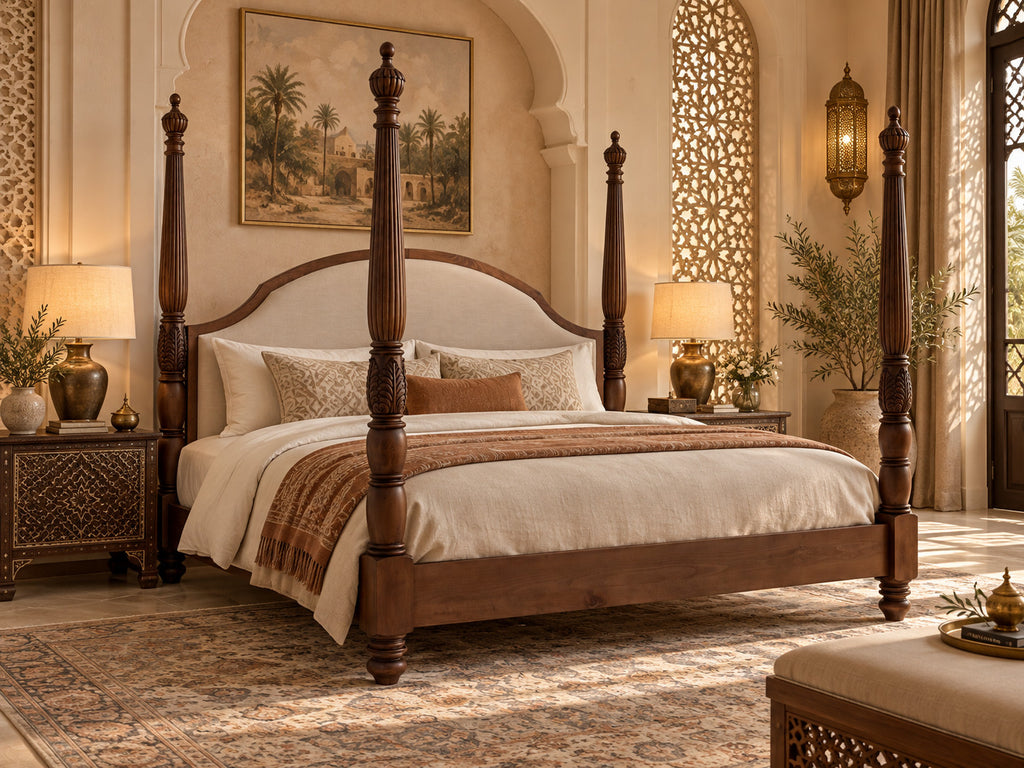 Colonial four poster bed in walnut finish styled in an Arabian villa bedroom in Dubai